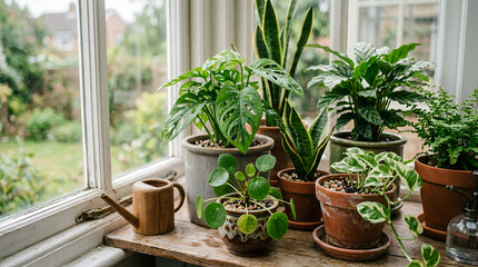 Fototapeta premium Indoor plants arrangement with lush greenery on wooden table in cozy sunlight setting