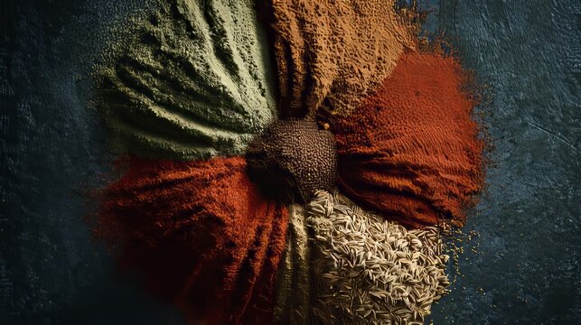 A vibrant, overhead shot displays an artistic arrangement of colorful spices, radiating outwards from a central dark core