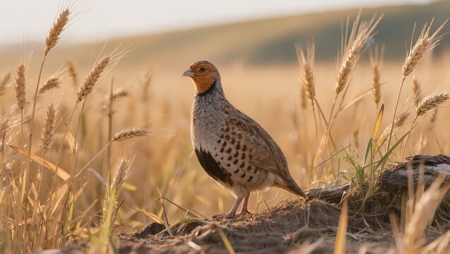 Wild grey partridge standing alert in its natural meadow habitat