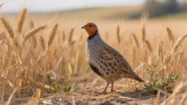 Wild grey partridge standing alert in its natural meadow habitat