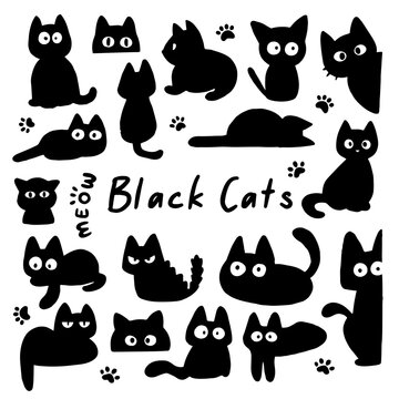 Cute black cat cartoon characters mega set. 18 adorable poses, 4 cat paws, and meow text illustration collection for stickers, patterns, and kids design.