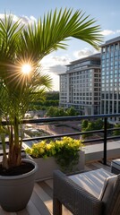 Fototapeta premium Sunlit urban terrace with lounge chair and cityscape during golden hour