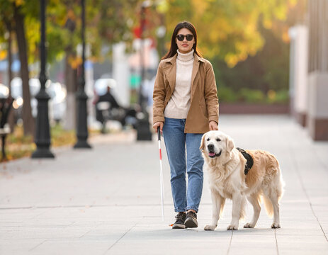 Blinde Frau mit Blindenhund, Blindenstock und Brille auf einem Fu&szlig;gängerweg.
