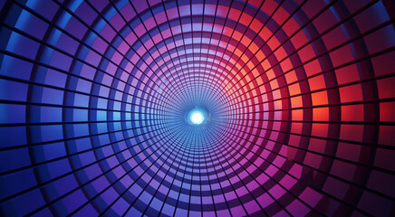 Obraz premium Abstract circular grid tunnel with colorful gradient lighting from purple to orange.