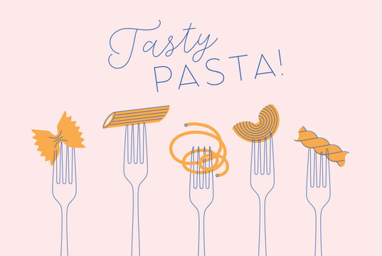 Italian tasty pasta types poster including spaghetti, penne, farfalle, macaroni, ravioli, rigatoni and fusilli food set with lettering drawing on light background