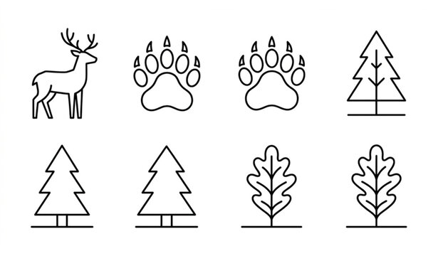 Minimal Forest Nature Icons With Deer Paw Tree And Leaf Vector Set
