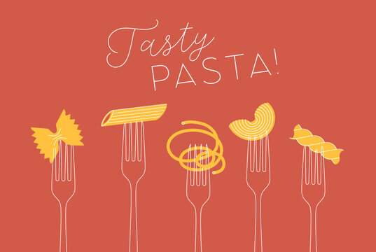 Italian tasty pasta types poster including spaghetti, penne, farfalle, macaroni, ravioli, rigatoni and fusilli food set with lettering drawing on red background