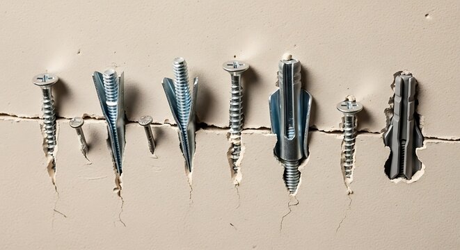 Row of various metal screws and plastic wall anchors embedded in a wall surface.