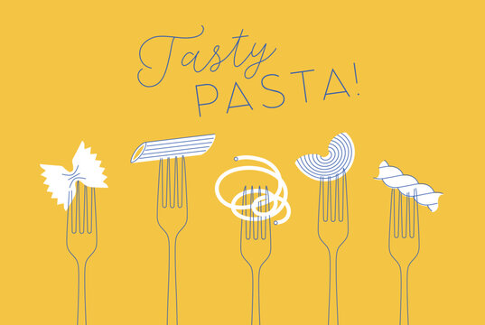 Italian tasty pasta types poster including spaghetti, penne, farfalle, macaroni, ravioli, rigatoni and fusilli food set with lettering drawing on yellow background