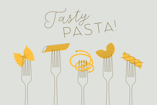 Italian tasty pasta types poster including spaghetti, penne, farfalle, macaroni, ravioli, rigatoni and fusilli food set with lettering drawing on grey background