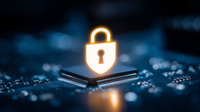 A glowing lock icon on a computer chip representing cybersecurity protection, secure hardware, and trusted digital access control.
