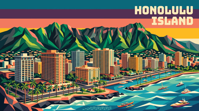 honolulu tropical island american city skyline vector architecture urban downtown travel tourism landmark modern landscape