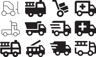 Diverse Collection of Vehicle Icons Vector Illustration Featuring Trucks, Ambulances, and Forklifts for Design Projects © Shishir