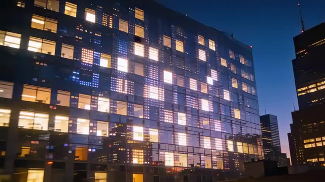 Displaying glass office facade shifting grid panels during dusk at downtown, creating mosaic effect