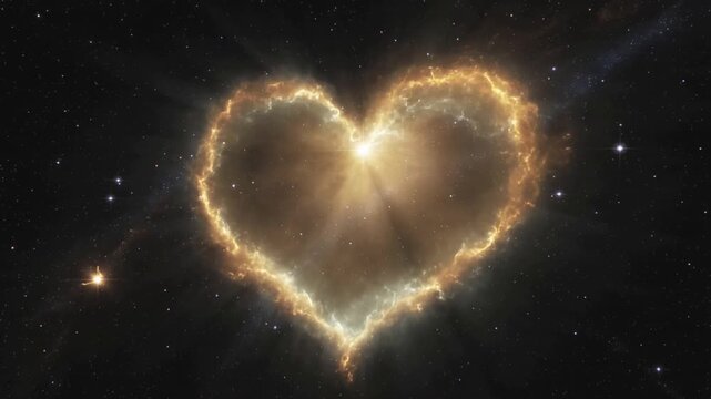 Brightening top knot driving heart nebula sending inward rays in space revealing left star, wisps