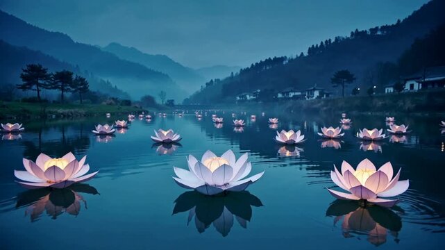Drifting lotus lanterns moving outward from gentle current on misty valley waterway, rippling glow