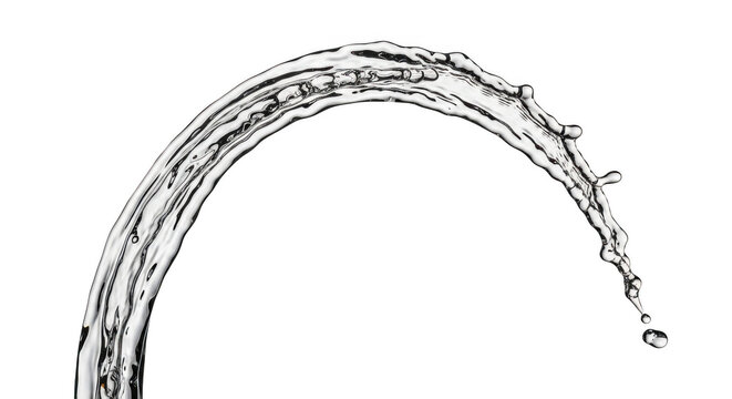 A single curved arc of clear water splashing against a solid black background, showing liquid motion, droplets, and transparent fluid textures