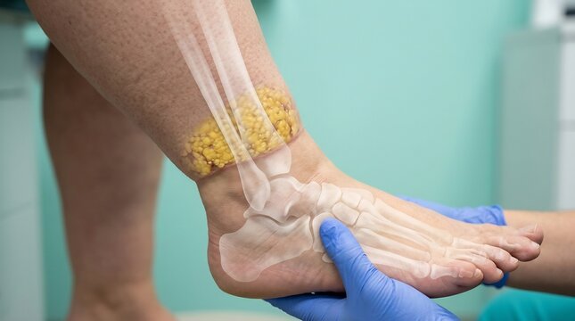 Medical illustration of human leg and foot showing abnormal subcutaneous fat accumulation and bone anatomy
