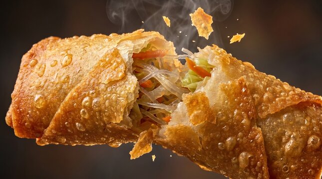 Hot and crispy vegetable egg roll being pulled apart with steam rising.