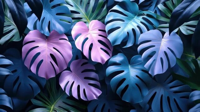 Vibrant blue and purple monstera leaves in a colorful pattern