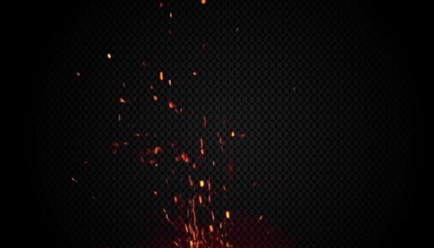 Red Orange Fire Sparks and Embers Bursting on Black Transparent Background, 4K Overlay
