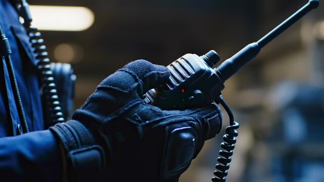 Close-up of guard holding crackling handheld radio, transmitting security updates in detention facility, highlighting prison communication, surveillance coordination, control and institutional safety.