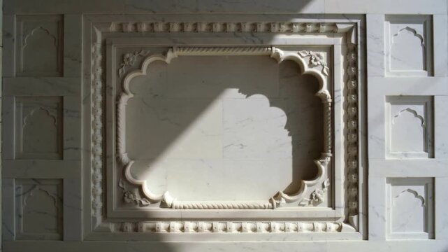 Moving sunlight from side window crossing ornate panel on corridor wall, revealing floral motifs
