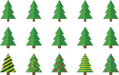 Obraz premium Set of fifteen stylized evergreen and decorated Christmas tree illustrations with festive ornaments and simple nature designs for creative projects