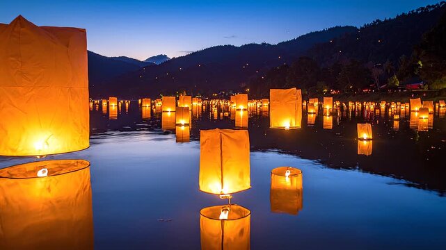 Glowing lantern on the Lake surface in the night