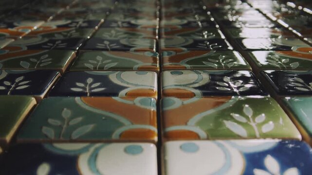 Sliding low cam revealing glazed tile motif, shifting specular highlights and water beads on grout