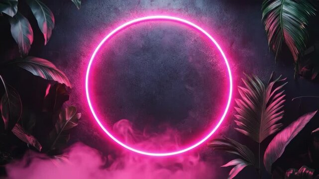 Neon pink circle surrounded by lush tropical leaves in a dark smoky setting