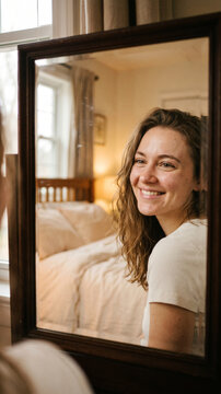 Happy young woman smiling at her reflection in a mirror