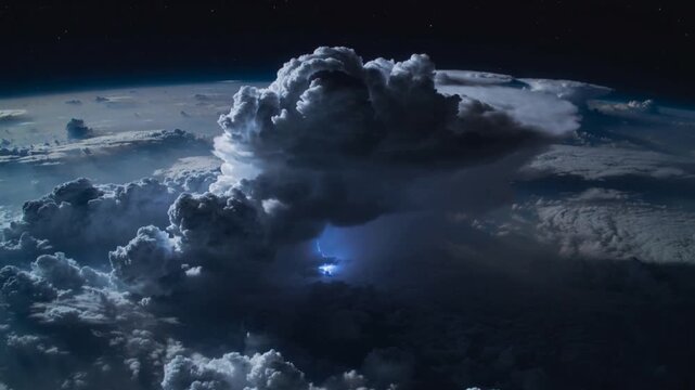 Flashing cumulonimbus cloud emitting forked bolt after initial flash, releasing charge in low orbit