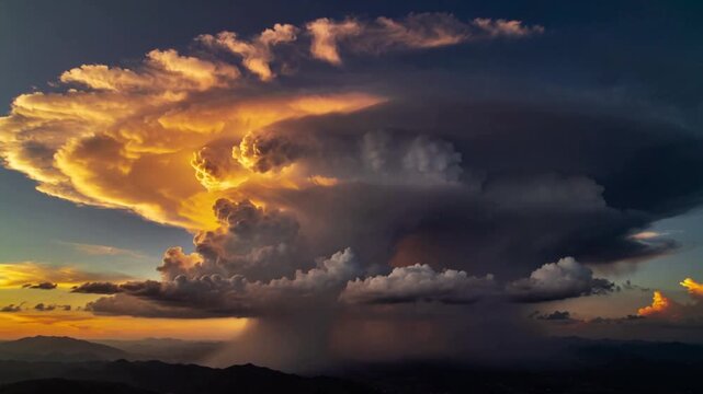 Glowing anvil cloud reacting to sunset light, rain shaft sparking lightning over mountain ridgeline