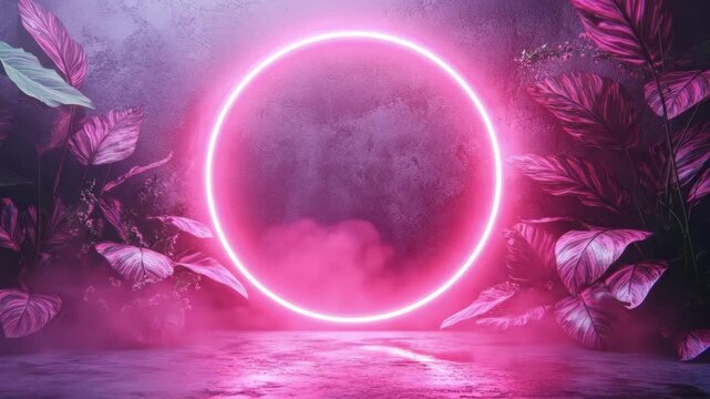 Neon pink circle amidst vibrant leaves in a mystical setting
