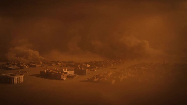 Dust bank breaking into pillars and pushing sandstorm into low-rise desert town veiling flat roofs