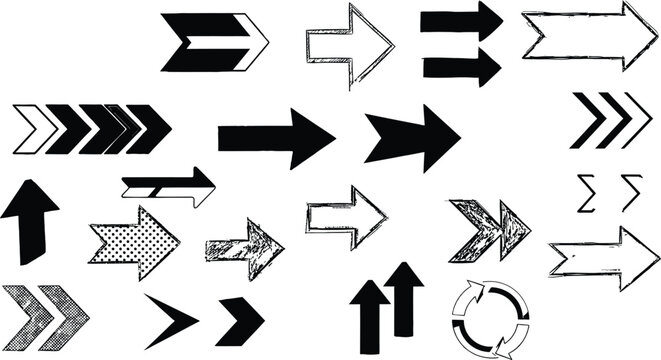 Black line vector icon set of grunge arrows featuring hand drawn sketch pointers textured chevron loops and rustic direction symbols