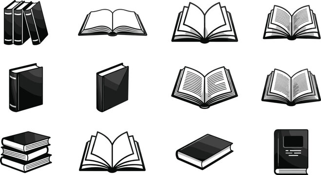 Set of twelve black and white book illustrations showing open, closed, and stacked books from multiple angles and perspectives