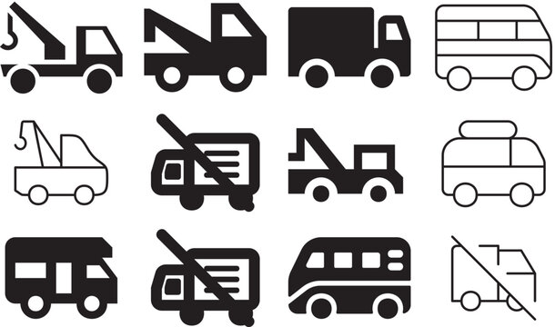 Set of diverse truck and vehicle icons including tow trucks, cargo trucks, and vans in black vector silhouette on white background
