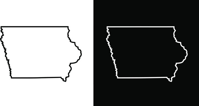 Iowa state map icons, outline and filled state shapes for mapping navigation and regional branding design elements.