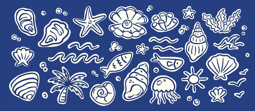 Summer sea shell, sun, fish, ocean, coastal hand drawn naive doodle elements vector illustration collection. Palm, algae, seaweed, coral, starfish and wave nautical design elements.