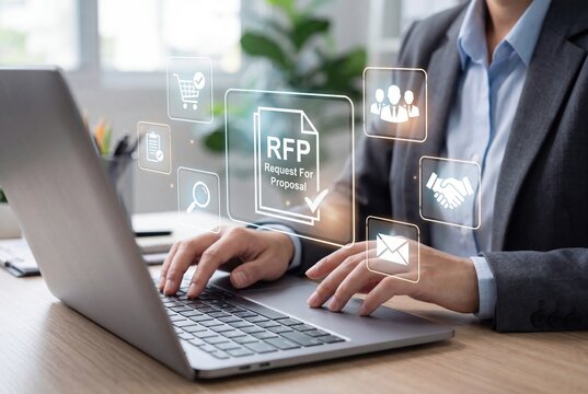 Business executive using laptop to submit rfp request for proposal digital documents