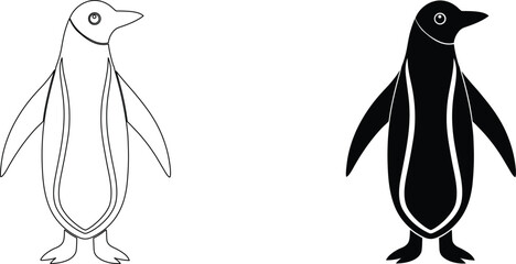 Penguin vector line art and black silhouette design isolated on transparent background set. © Rupasi