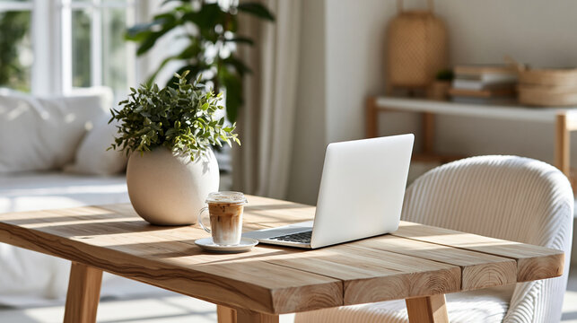 Minimalist workspace with laptop and iced coffee, beige decor, freelancer lifestyle concept, remote work aesthetic, productivity mood, modern home office, realistic interior