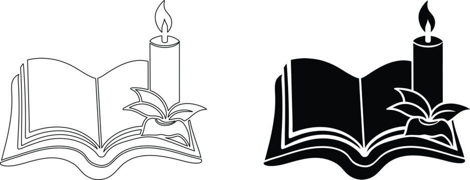 Religious book icon with candle and floral decoration isolated on transparent background.