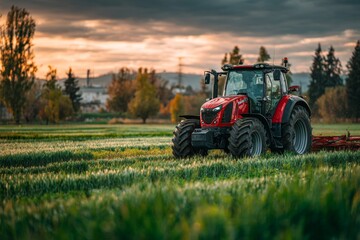 Fototapeta premium Using Electric Tractor for Farming in Green Field During the Evening With Clouds in the Sky and Trees in the Background Generative AI