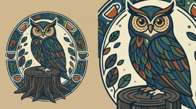 Colorful owl sitting on tree stump.