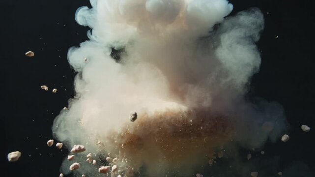 Rising central beige powder burst forming upward column, sending pellets and dust in dark studio