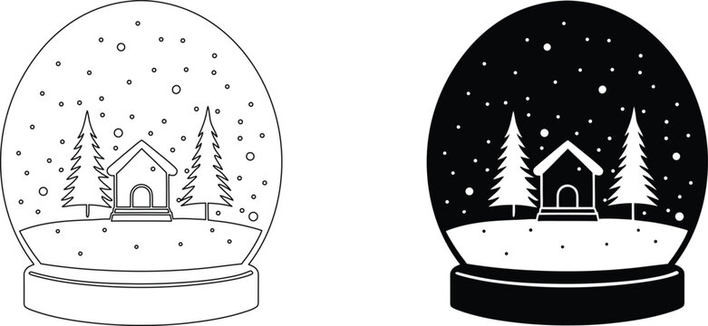 Snow globe with winter cabin and pine trees icon set in line art and solid black silhouette.
