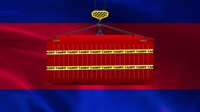 Cargo Container Under Crane Against Flag: A vibrant red cargo container, secured with caution tape, is hoisted by a crane against a backdrop of a waving blue and red flag.
